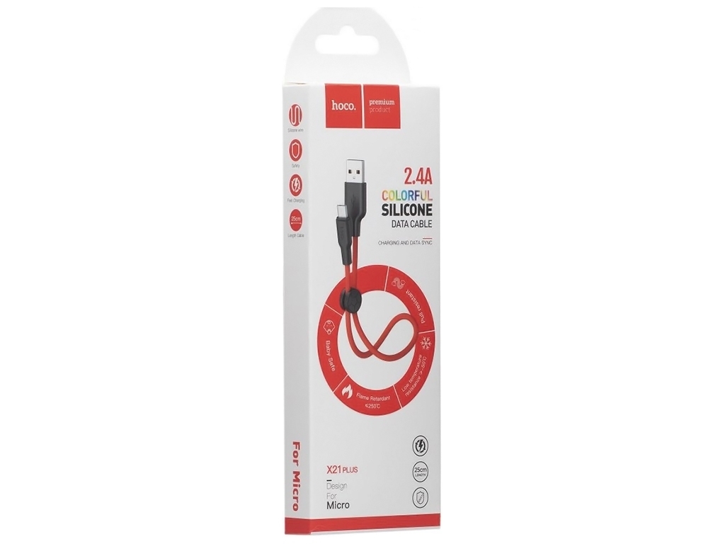 Кабель USB Hoco X21 Plus Silicone Micro 0.25m, Чёрно-Красный