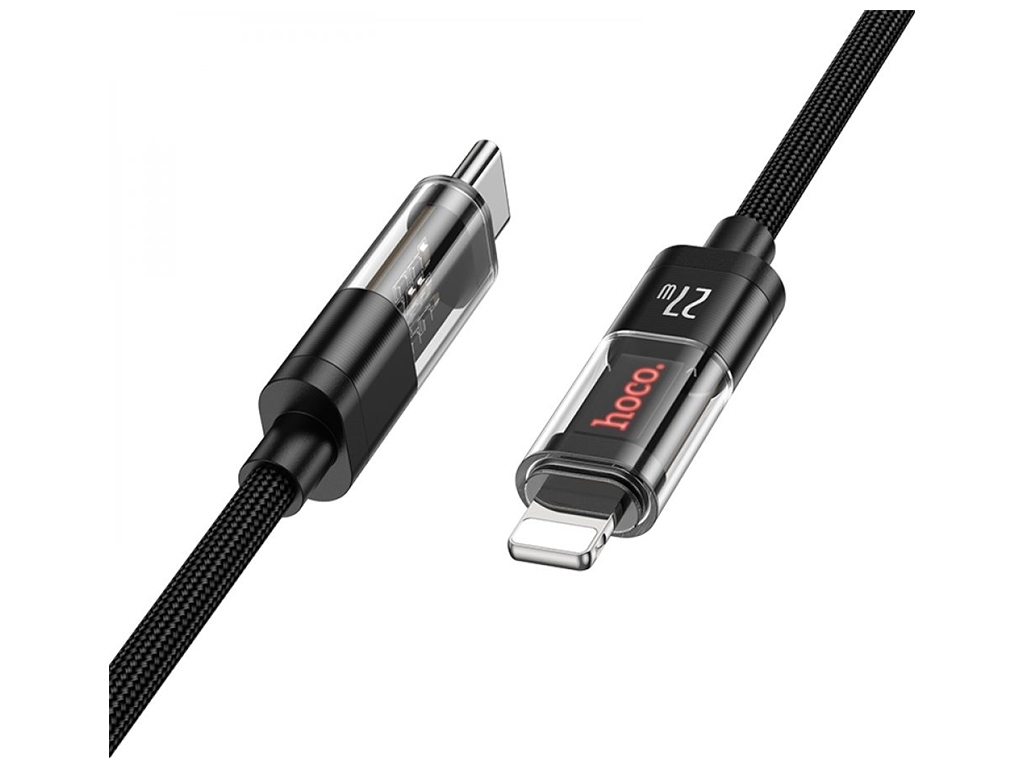 Кабель USB Hoco U116 Transparent PD27W LED Indicator Type-C to Lightning 1.2m, Черный