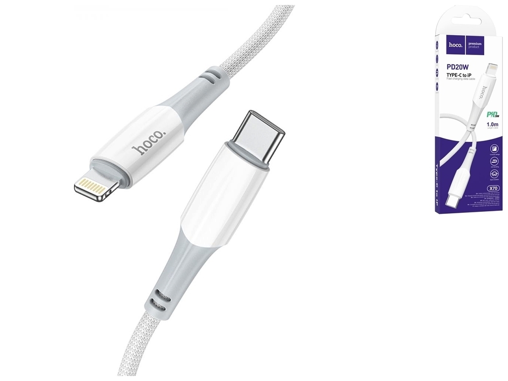 Кабель USB Hoco X70 Ferry PD20W Type C to Lightning, Бiлий
