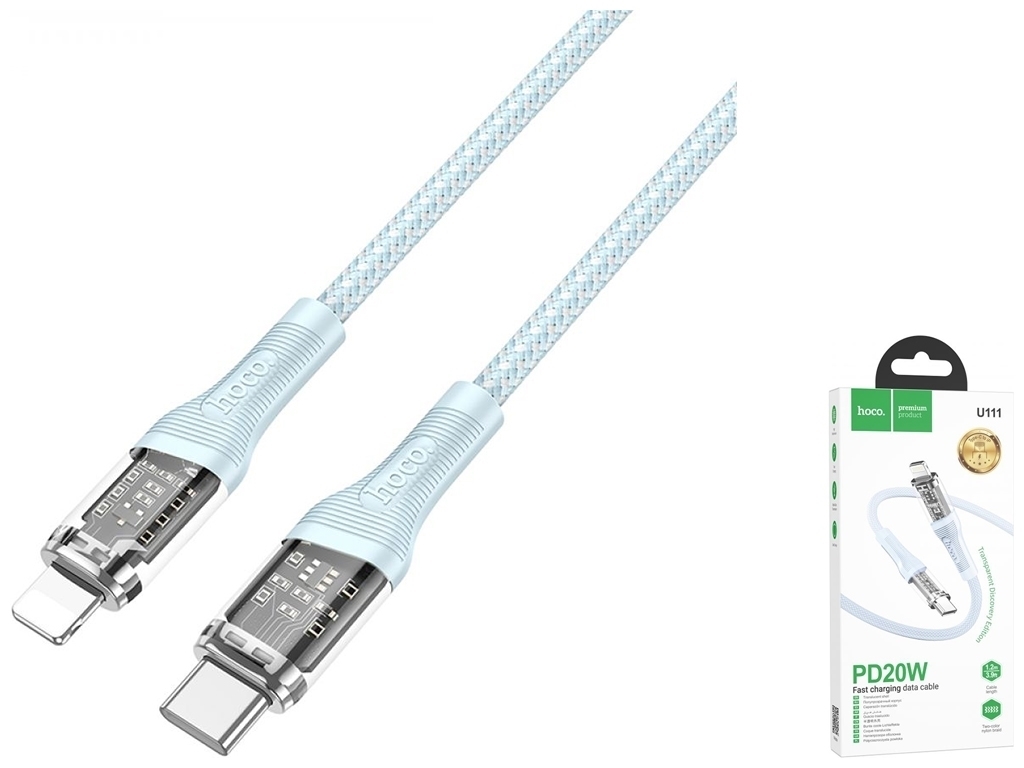 Кабель USB Hoco U111 Transparent Discovery Edition PD20W Type C to Lightning, Голубой