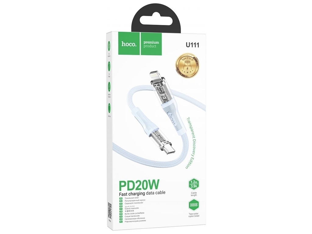 Кабель USB Hoco U111 Transparent Discovery Edition PD20W Type C to Lightning, Голубой