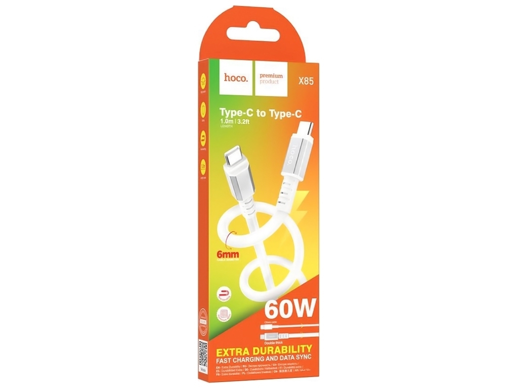 Кабель USB Hoco X85 60W Type-C to Type-C, Белый