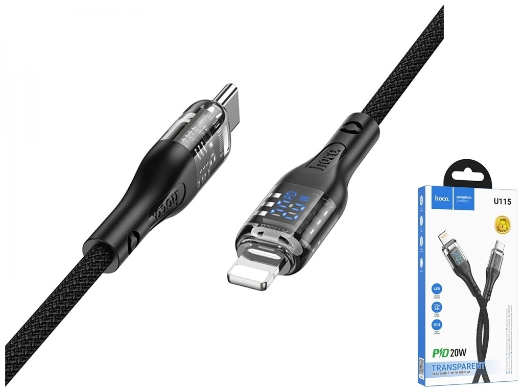 Кабель USB Hoco U115 Transparent PD20W With Display Type-C to Lightning 1.2m, Черный