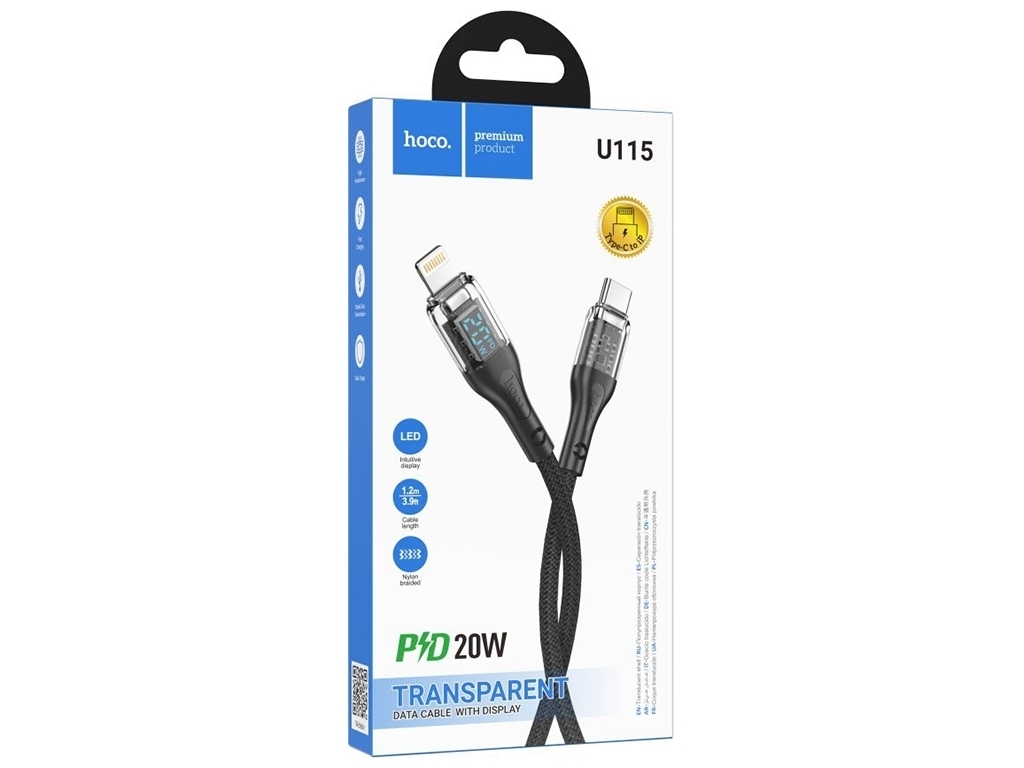 Кабель USB Hoco U115 Transparent PD20W With Display Type-C to Lightning 1.2m, Черный