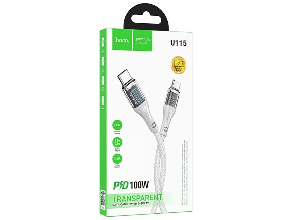 Кабель USB Hoco U115 Transparent 100W With Display Type-C to Type-C 1.2m Колір Сiрий