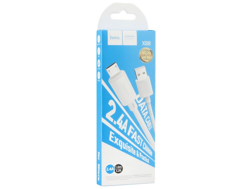 Кабель USB Hoco X88 Gratified Micro 2.4A, Белый