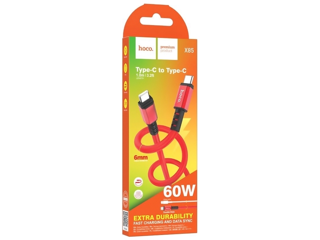 Кабель USB Hoco X85 60W Type-C to Type-C, Червоний