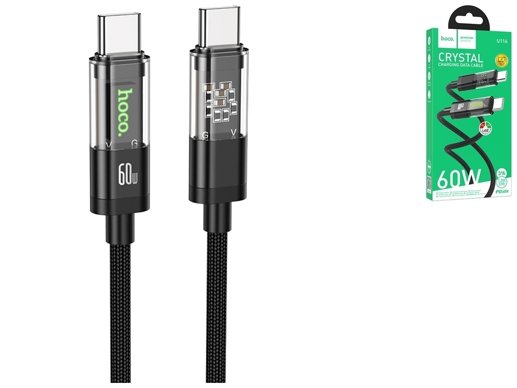 Кабель USB Hoco U116 Transparent 60W LED Indicator Type-C to Type-C 1.2m Колір Чорний