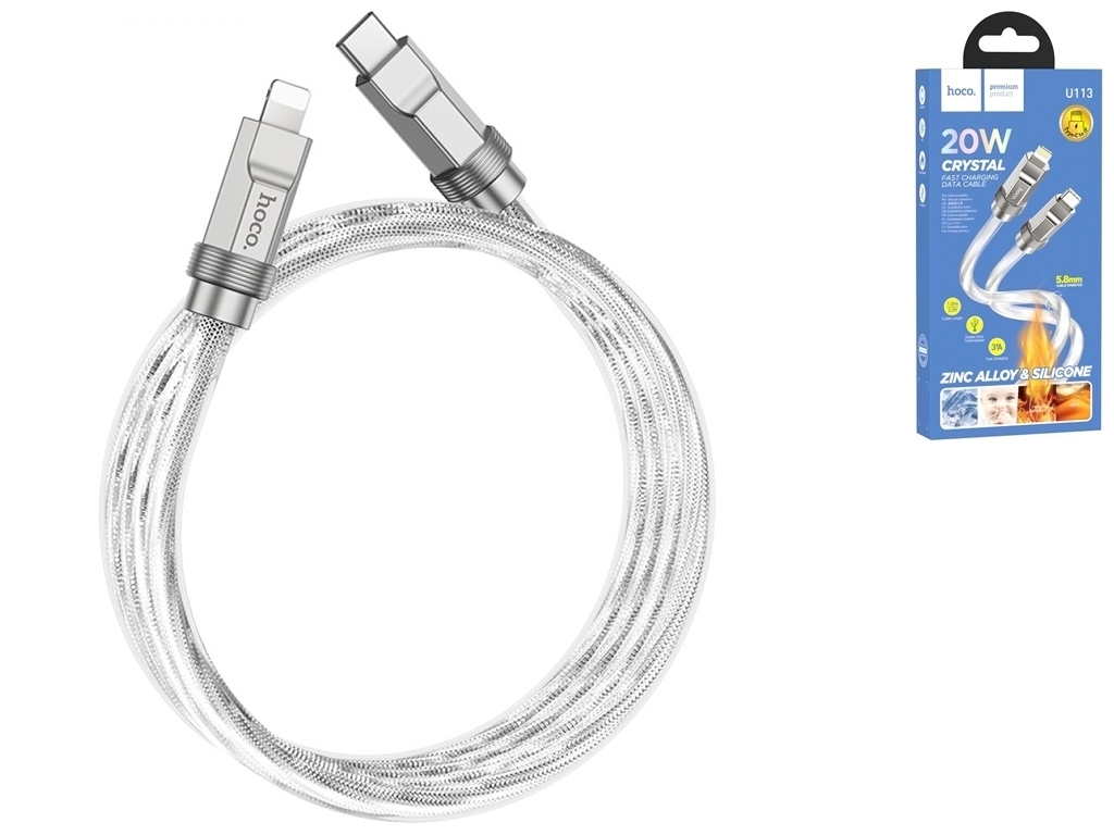 Кабель USB Hoco U113 Solid PD20W Silicone Type-C to Lightning, Срібло