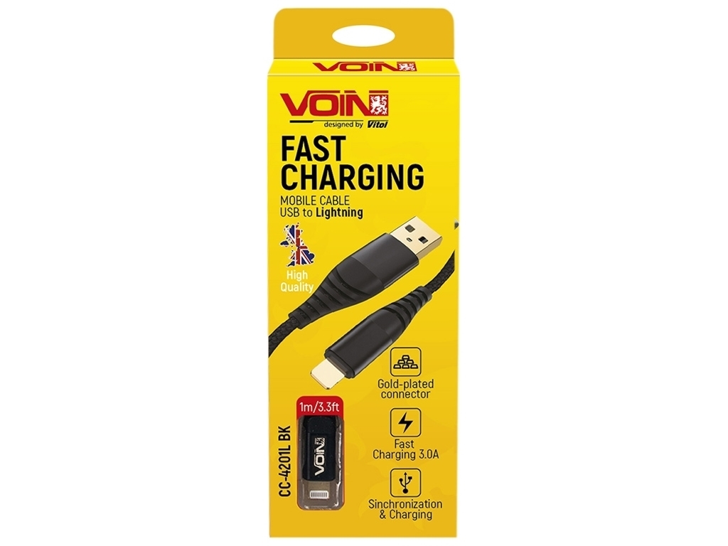 Кабель VOIN USB - Lightning 3А, 1м, black (быстрая зарядка/передача данных), CC-4201L BK