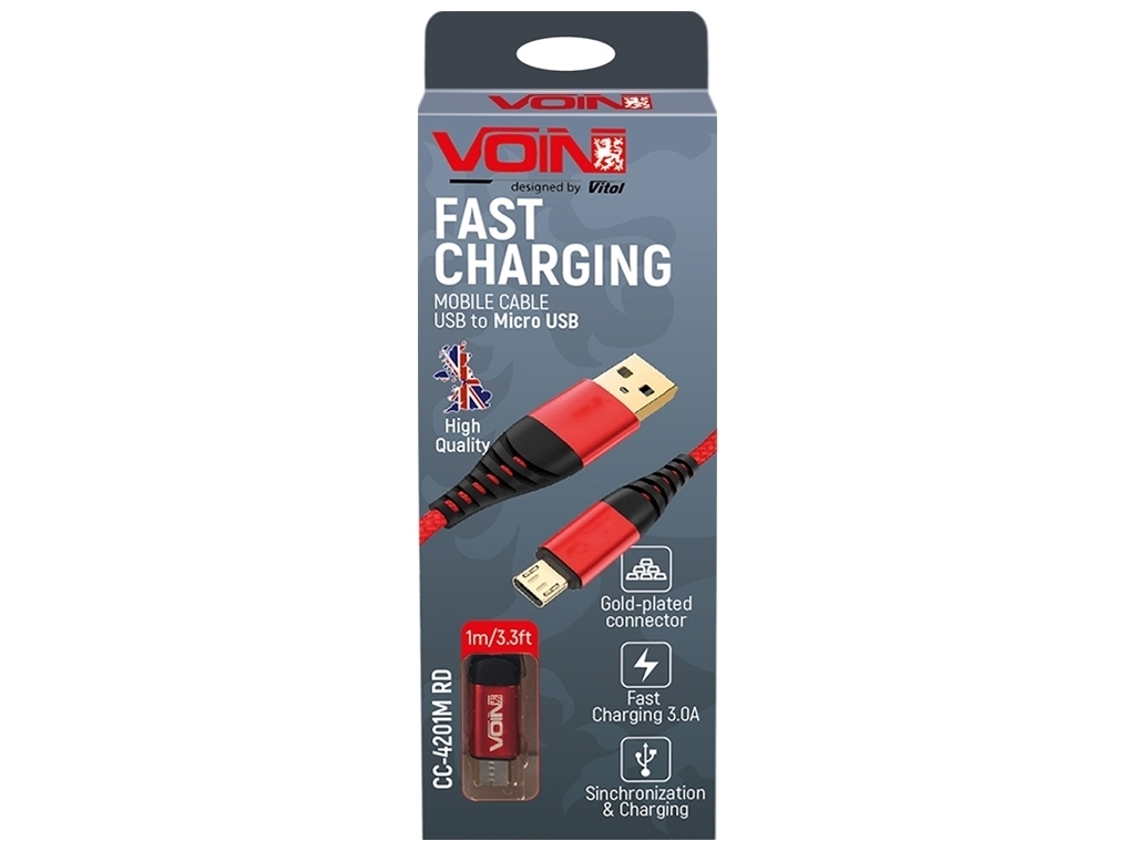 Кабель VOIN USB - Micro USB 3А, 1м, red (быстрая зарядка/передача данных), CC-4201M RD