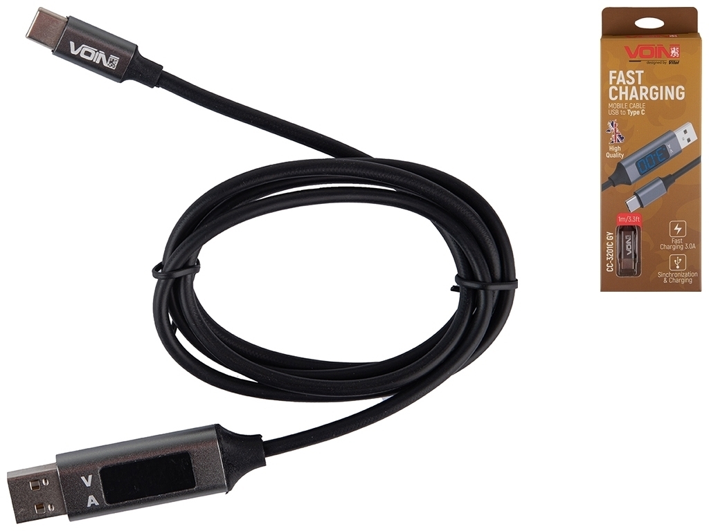 Кабель VOIN USB-Type C 3А, 1м, grey с дисплеем, CC-3201C GY