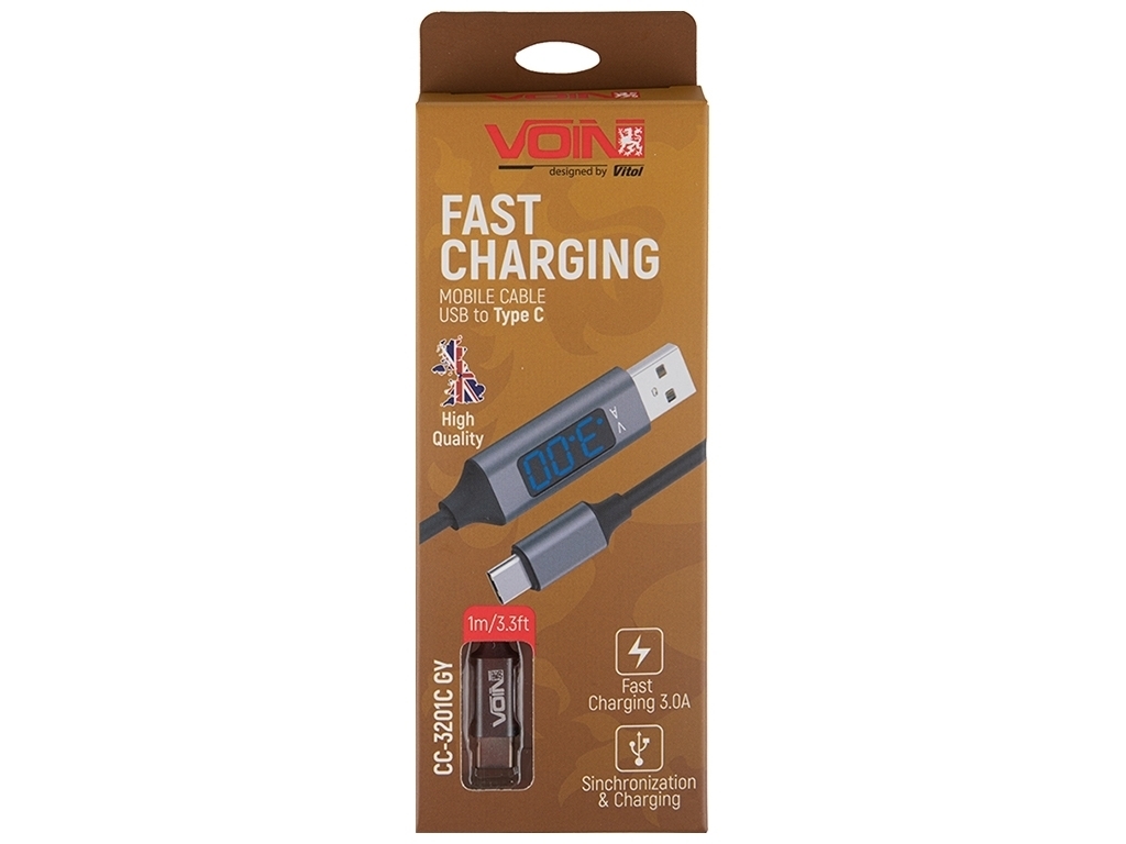Кабель VOIN USB-Type C 3А, 1м, grey с дисплеем, CC-3201C GY