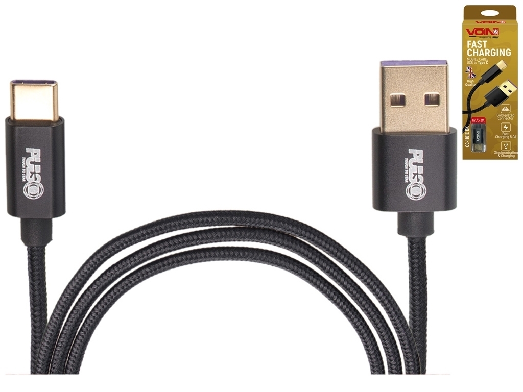 Кабель VOIN USB - Type C 5А, 1м, black (супер быстрая зарядка/передача данных), CC-1101C BK