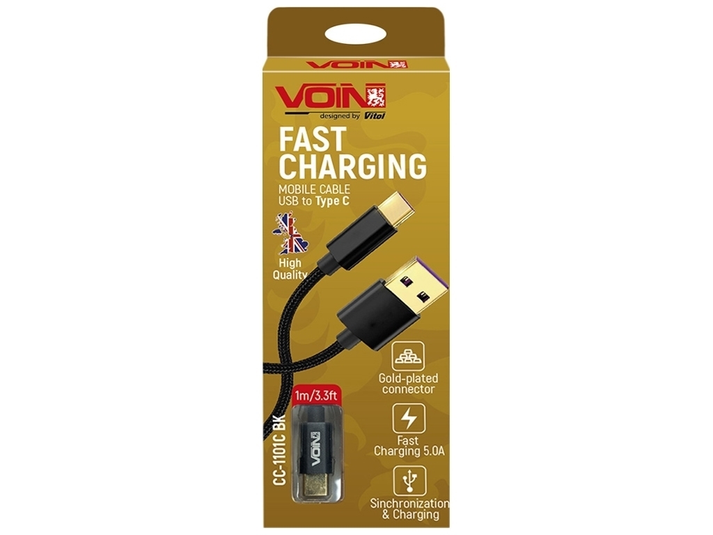 Кабель VOIN USB - Type C 5А, 1м, black (супер быстрая зарядка/передача данных), CC-1101C BK