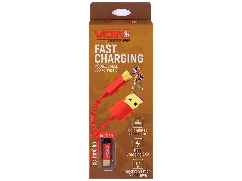 Кабель VOIN USB - Type C 5А, 1м, red (супер быстрая зарядка/передача данных) CC-1101C RD