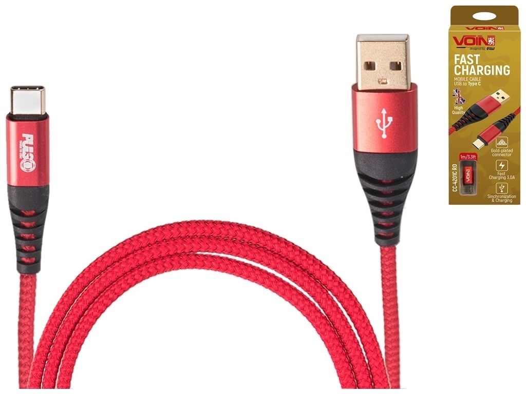 Кабель VOIN USB - Type C 3А, 1м, red (быстрая зарядка/передача данных), CC-4201C RD