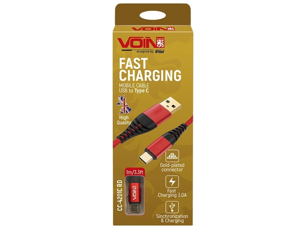 Кабель VOIN USB - Type C 3А, 1м, red (быстрая зарядка/передача данных), CC-4201C RD