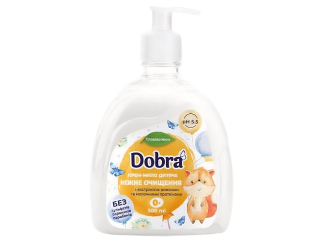 Крем-мило рідке дитяче Dobra Ніжне очищення з ромашкою та молочними протеїнами, з дозатором 500мл