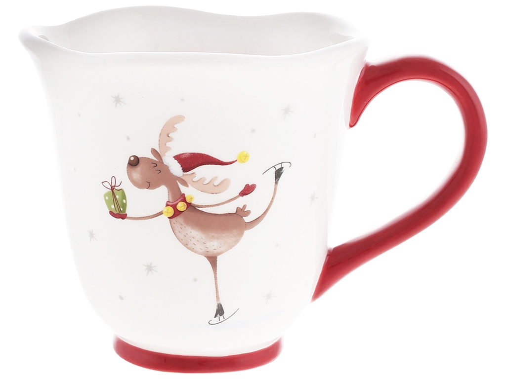 Кружка керамическая Олень на лыжах 470мл, с красной ручкой