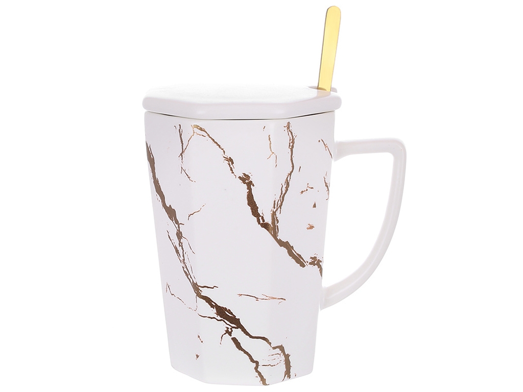 Кухоль порцеляновий заварювальний з кришкою і ложкою Мармурова розкіш, 350мл, колір - білий із золот