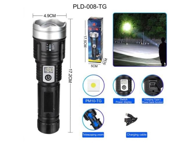 Фонарь PLD-008 WHITE LASER LED PM10-TG, Li-Ion аккумулятор, power bank, индикация заряда, ЗУ Type-C