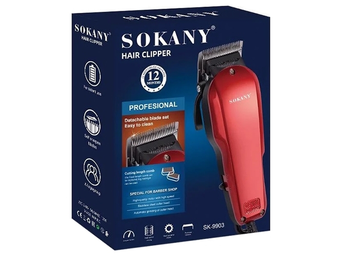 Машинка для стрижки волос Sokany, сетевое питание, 4 насадки, 3мм, цвет красный