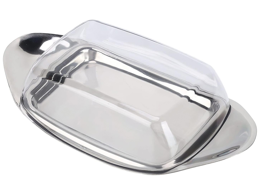 Маслянка, з кришкою та щипцями, нержавіюча сталь, скло, 24×12×5см