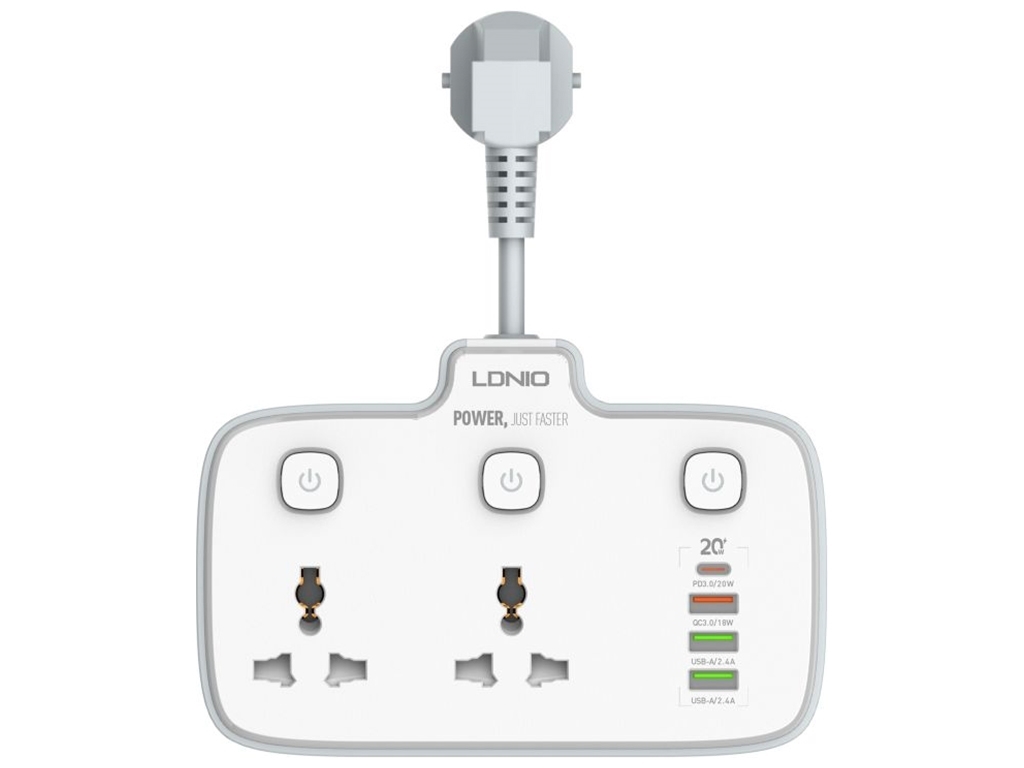 Мережевий подовжувач LDNIO SC2413 2 universal ports /1 PD/1 QC/2 auto ID Колір Білий