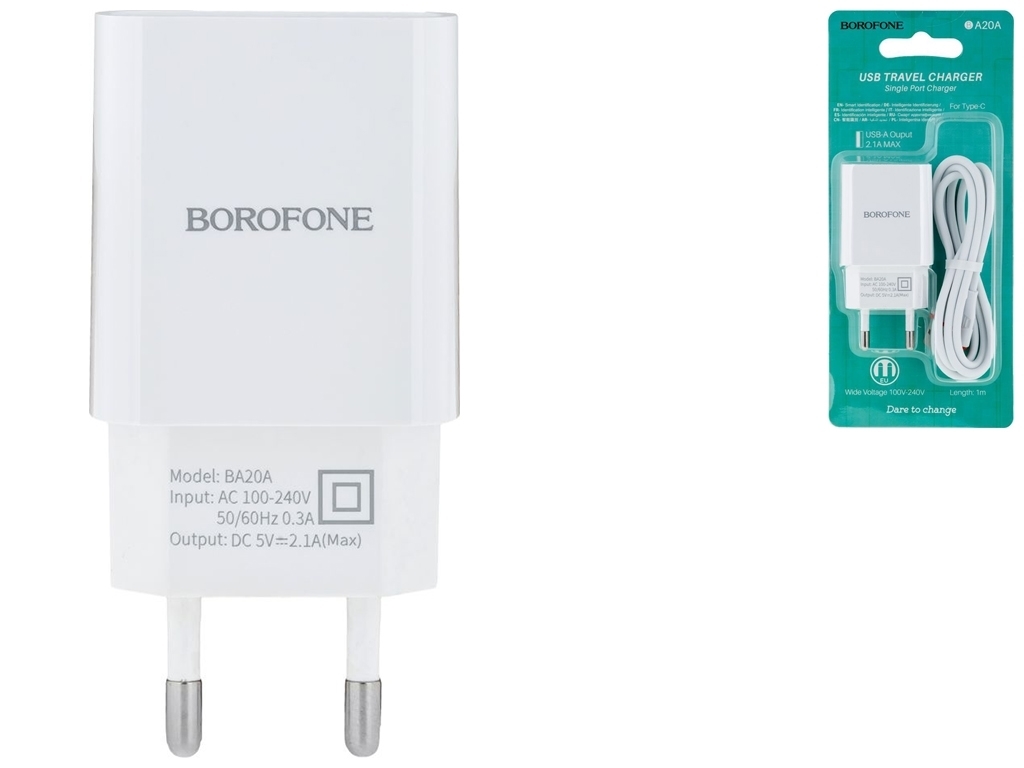 Мережевий Зарядний Пристрій Borofone BA20A Type-C 1USB 2.1A Колір Білий