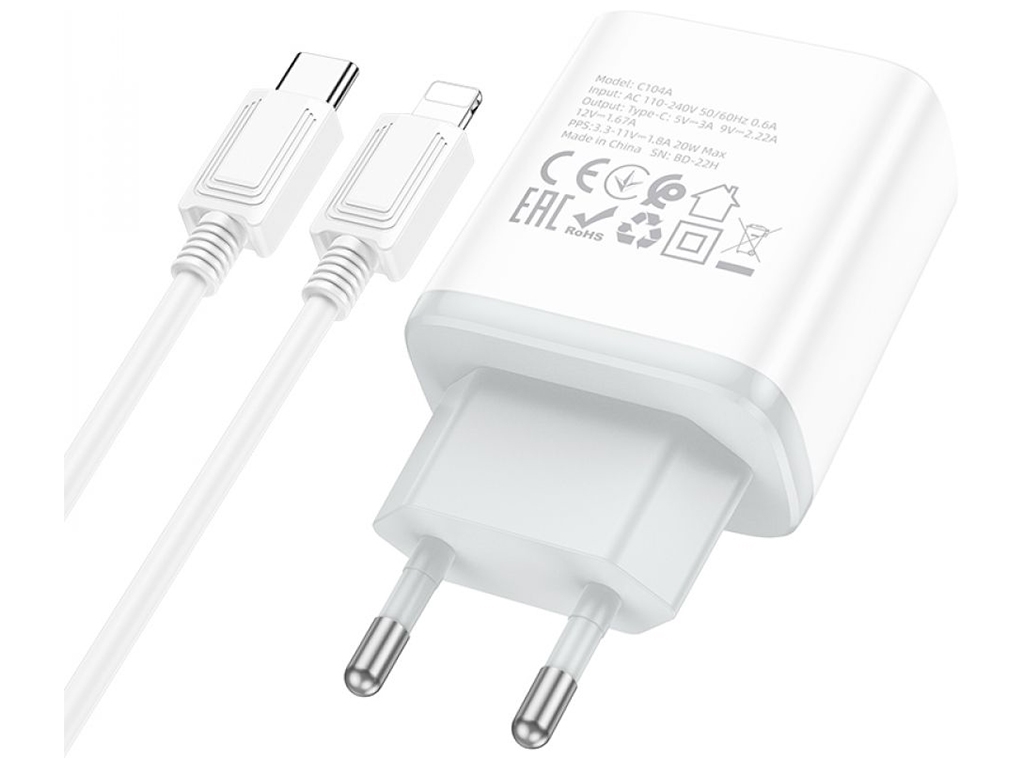 Сетевое зарядное устройство Hoco C104A Stage single port PD20W Type-C to Lightning Цвет Белый