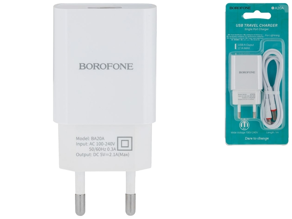 Мережевий Зарядний Пристрій Borofone BA20A Lightning 1USB 2.1A Колір Білий