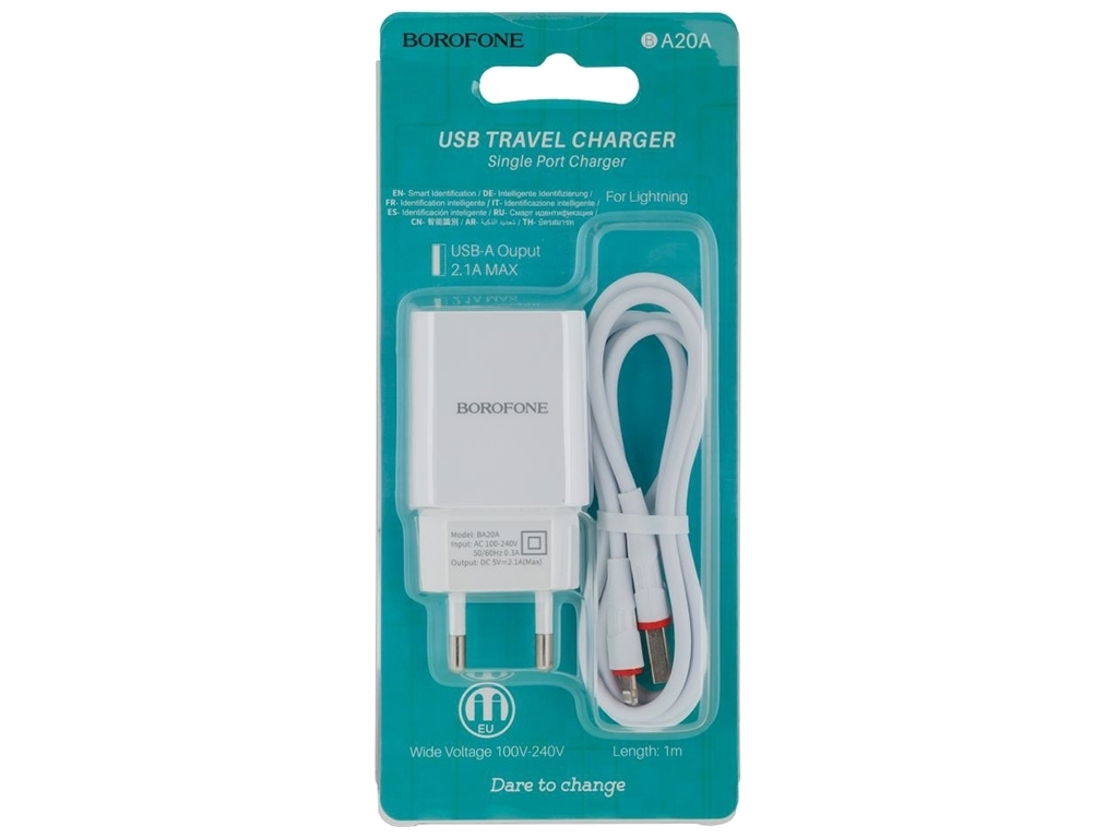 Мережевий Зарядний Пристрій Borofone BA20A Lightning 1USB 2.1A Колір Білий