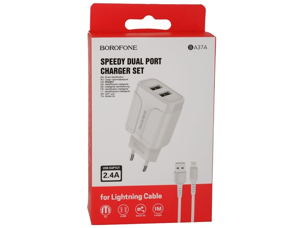Мережевий Зарядний Пристрій Borofone BA37A Lightning 2USB 2.4A Колір Білий