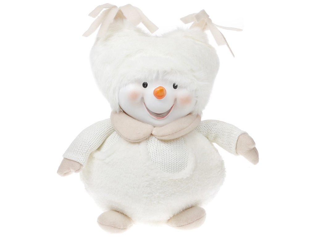 Мягкая новогодняя игрушка Снеговик в мохнатой шапке, 28см, цвет - белый с бежевым