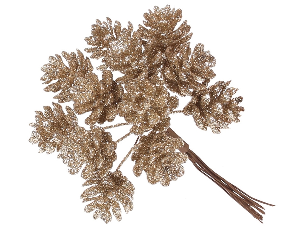 Мини - шишки декоративные 12шт в пучке, 12см, цвет - шампань