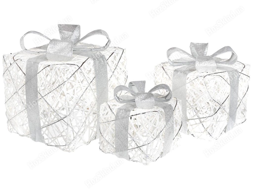 Набор декоративных подарков, 15см, 20см, 25см, цвет - белый с серебром (цена за набор 3шт)