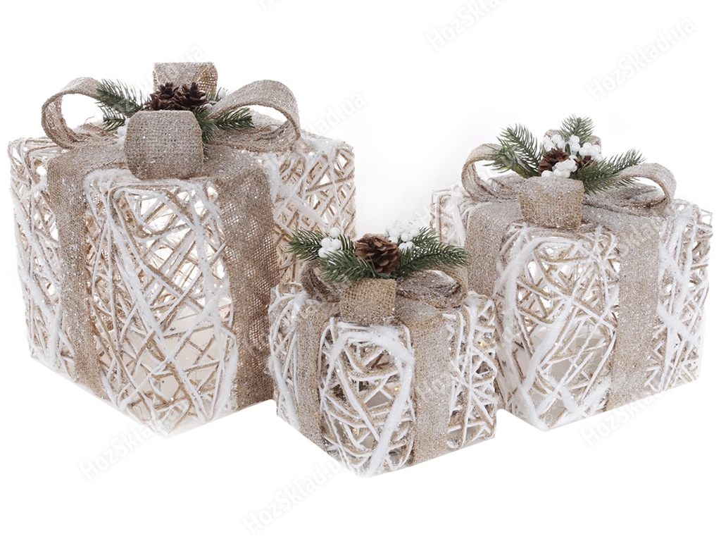 Набор декоративных подарков, 15см, 20см, 25см, цвет - белый с бежевым (цена за набор 3шт)