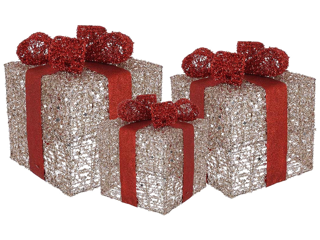 Набор декоративных подарков с подсветкой, 15/20/25см, цвет - золото с красным (цена за набор 3шт)