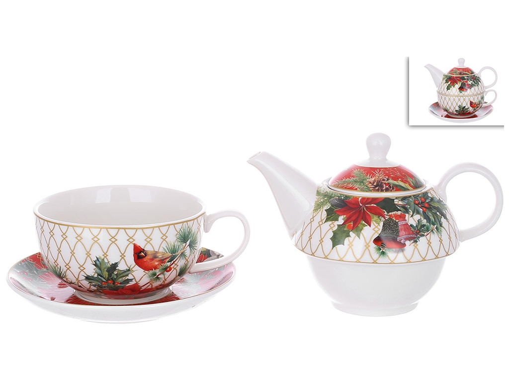 Набор фарфоровый для чая Christmas (чашка 300мл, чайник 350мл, блюдце)
