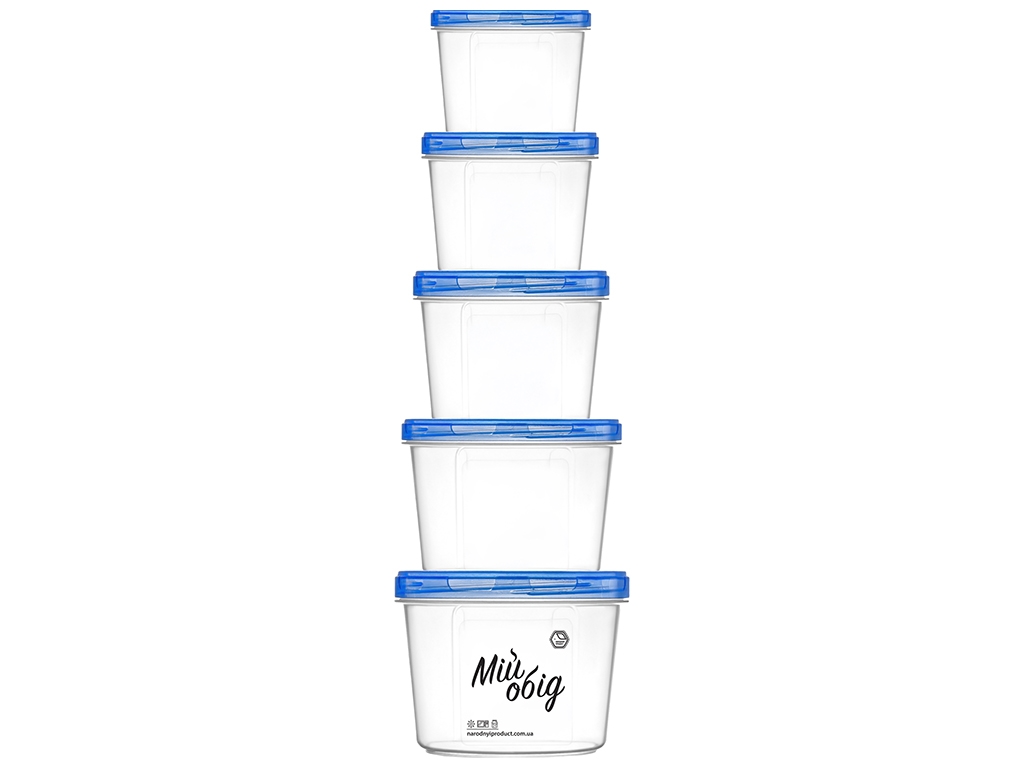 Набор круглых емкостей 200мл, 300мл, 500мл, 700мл, 1л (цена за набор 5шт) синяя крышка