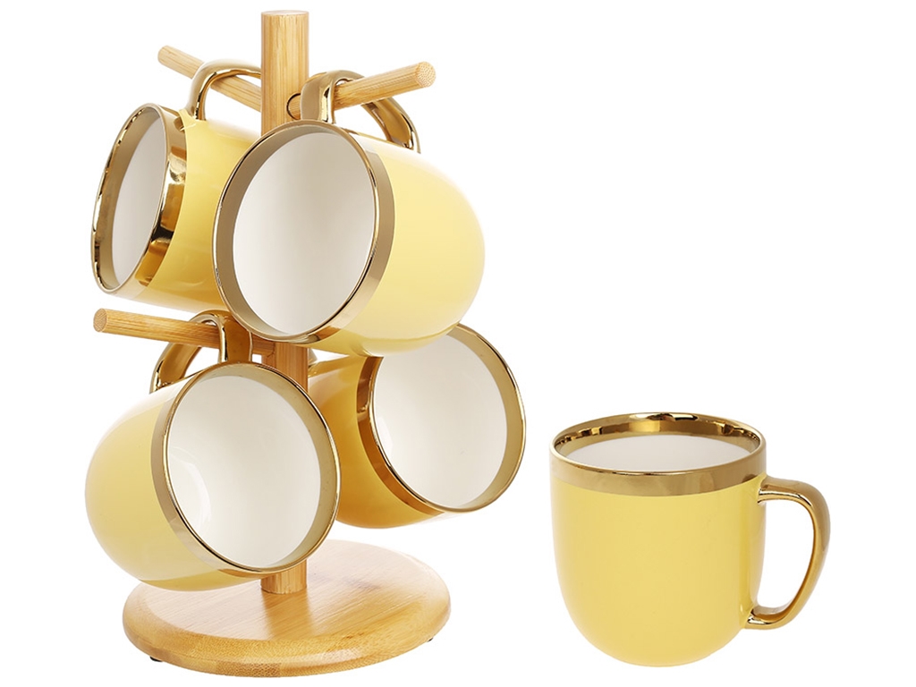 Набір кухлів Золота лінія, на бамбуковій підставці, колір - жовтий, 320мл (ціна за набір 4шт)