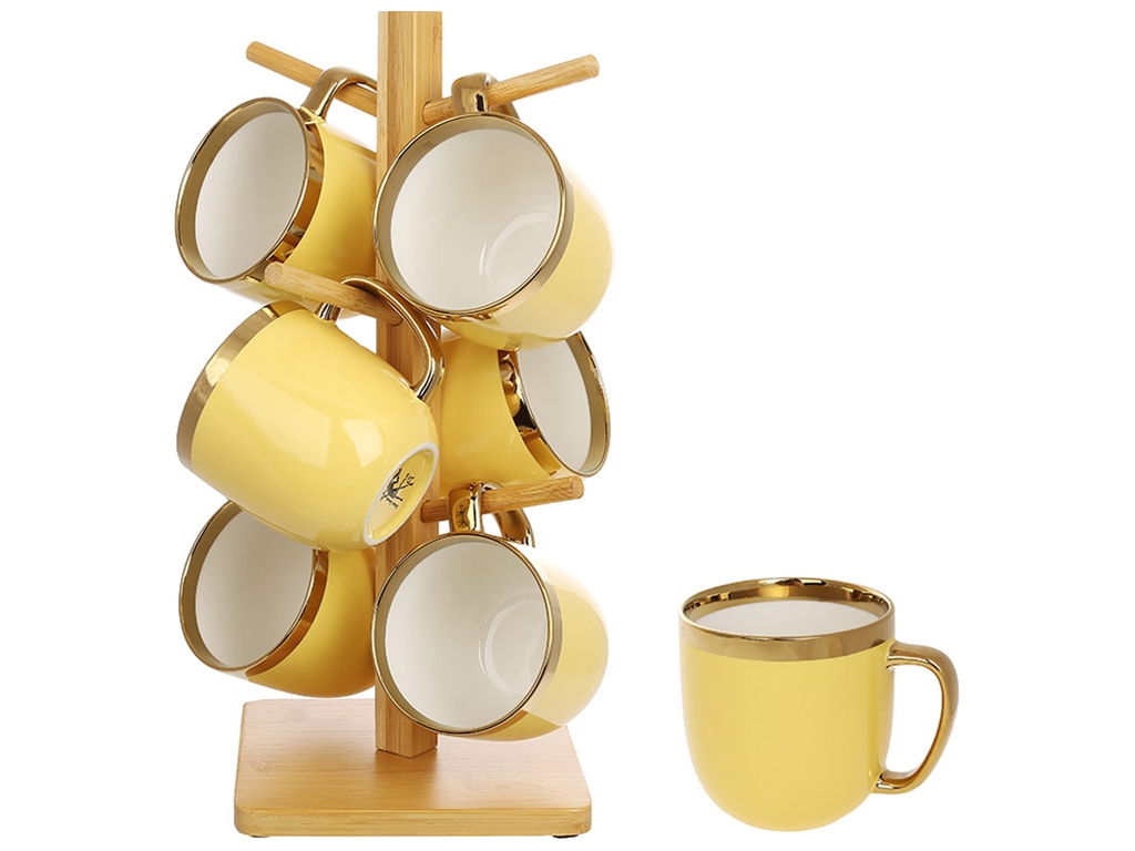 Набір кухлів Золота лінія на бамбуковій підставці, колір - жовтий, 320мл (ціна за набір 6шт)