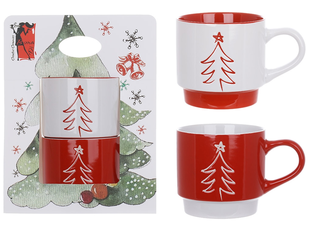 Набір порцелянових кухлів Ялинка, 400мл, 2 дизайни, колір - червоний з білим (ціна за набір 2шт)