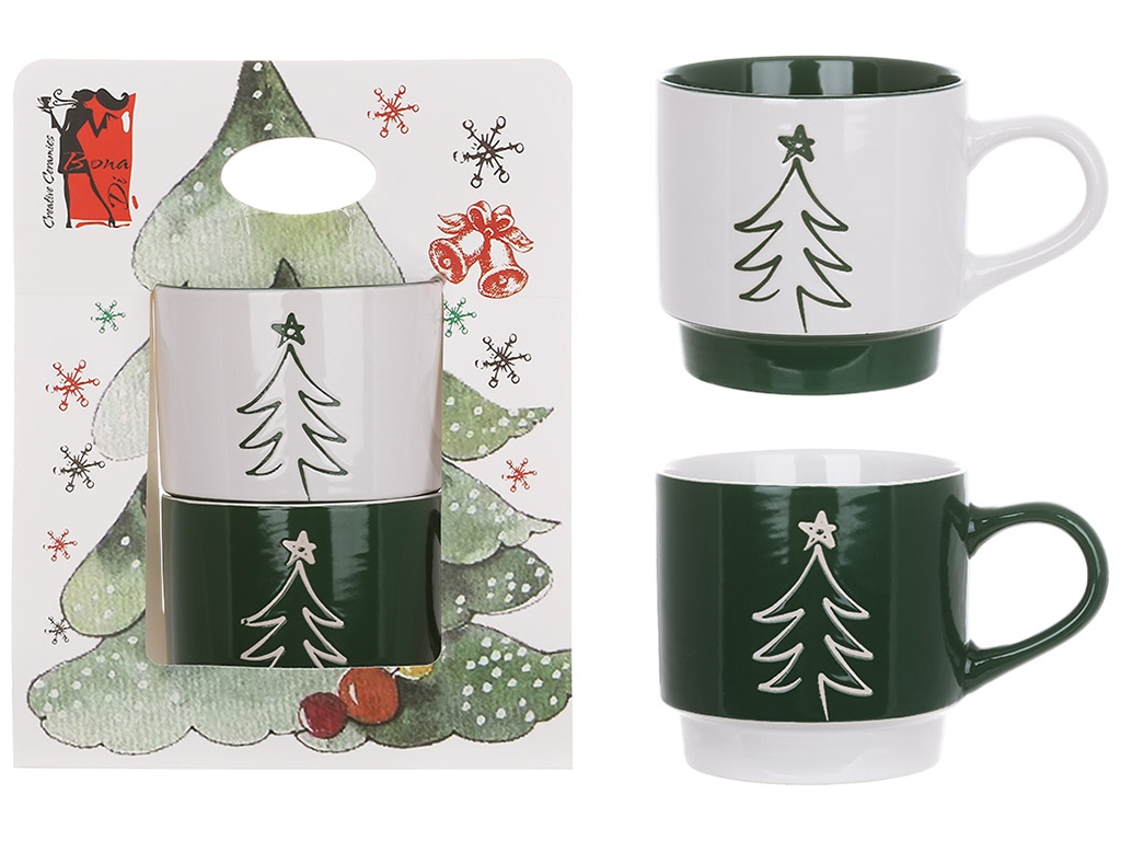 Набор фарфоровых кружек Елочка, 400мл, 2 дизайна, цвет - зеленый с белым (цена за набор 2шт)