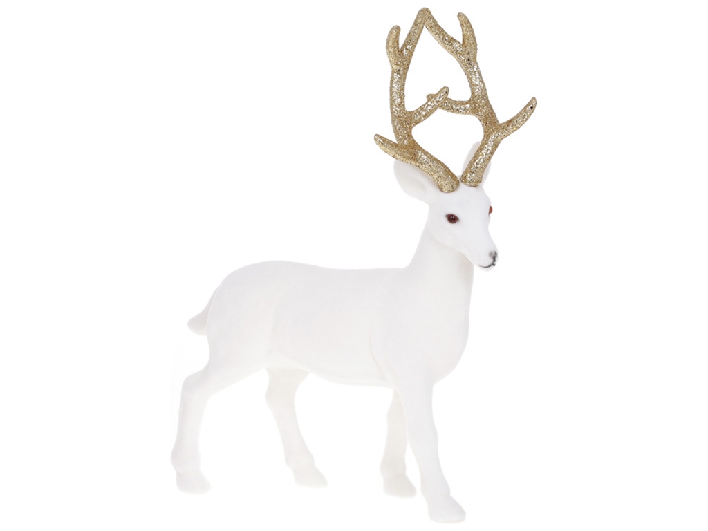 Новогодняя декоративная фигура Олень 30см с велюровым покрытием и глиттерными рогами, цвет - белый с
