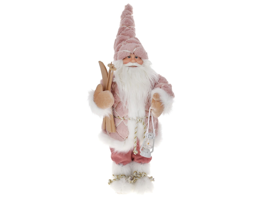 Новогодняя фигура Санта с лыжами и фонариком, цвет - розовый с белым, 45см