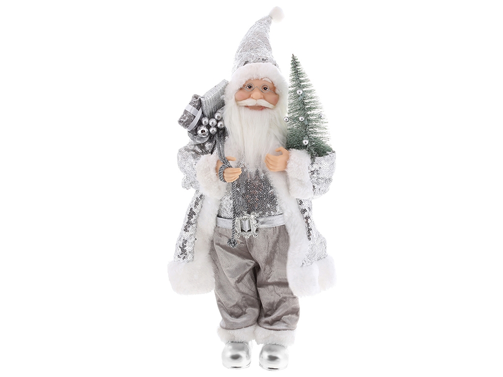 Новогодняя фигура Санта с подарками и елкой, цвет - серебристый с пайетками, 45см