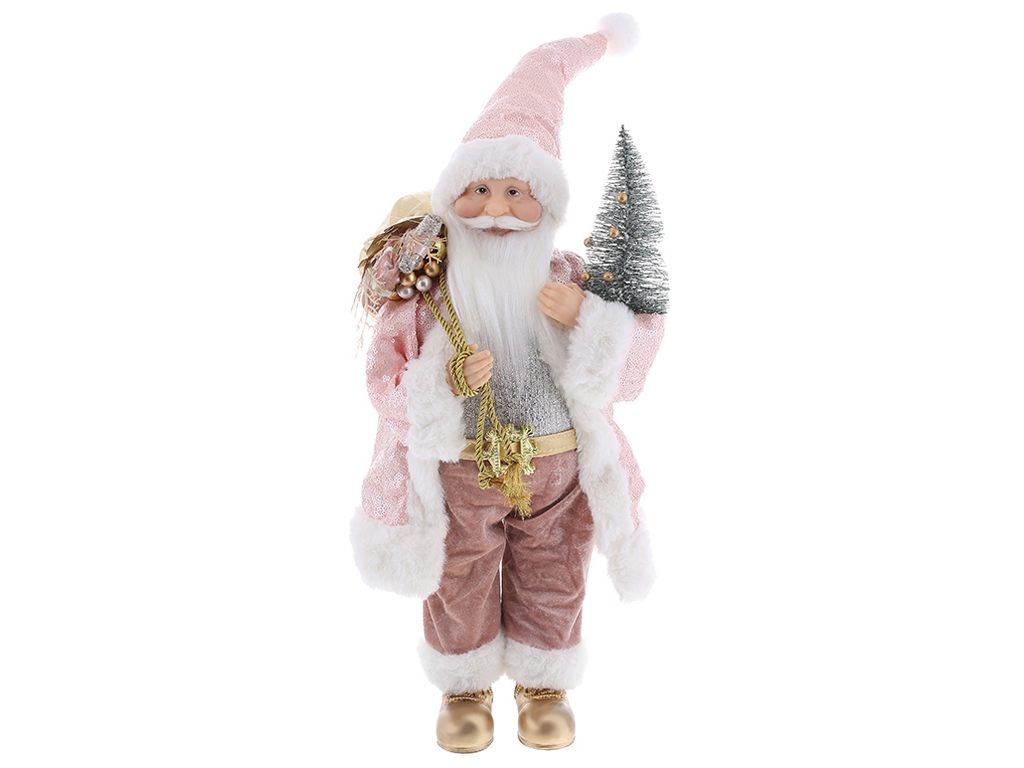 Новогодняя фигура Санта с подарками и елкой, цвет - розовый с золотом с пайетками, 45см