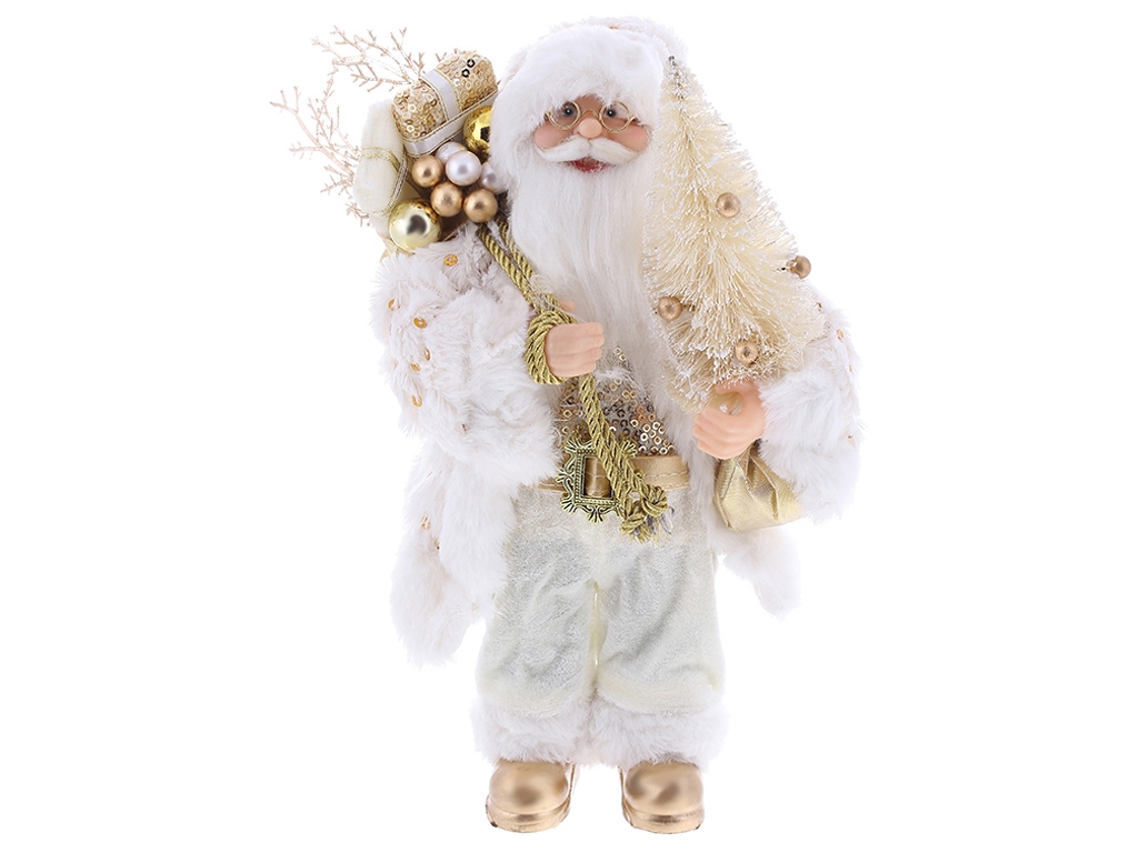 Новогодняя фигура Санта с подарками и елкой, цвет - белый с золотом с пайетками, 30см